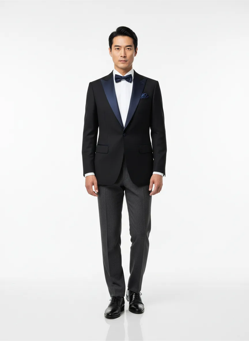 Wedding Outfit Idea: Man’s black wool tuxedo jacket with midnight-blue satin lapel