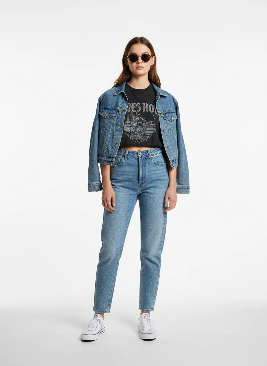 Casual Outfit Idea: Woman vintage high-waist mom jeans