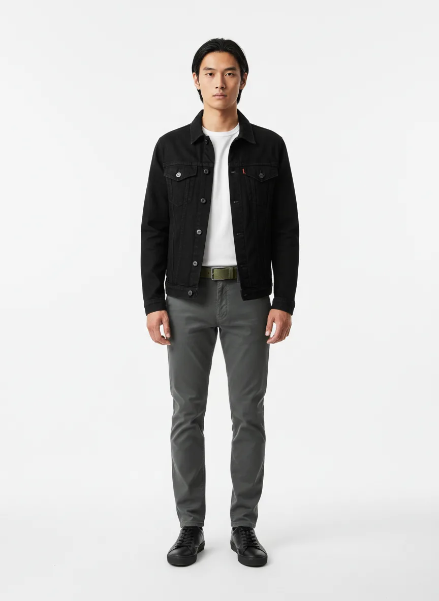 Casual Outfit Idea: Mans black denim jacket