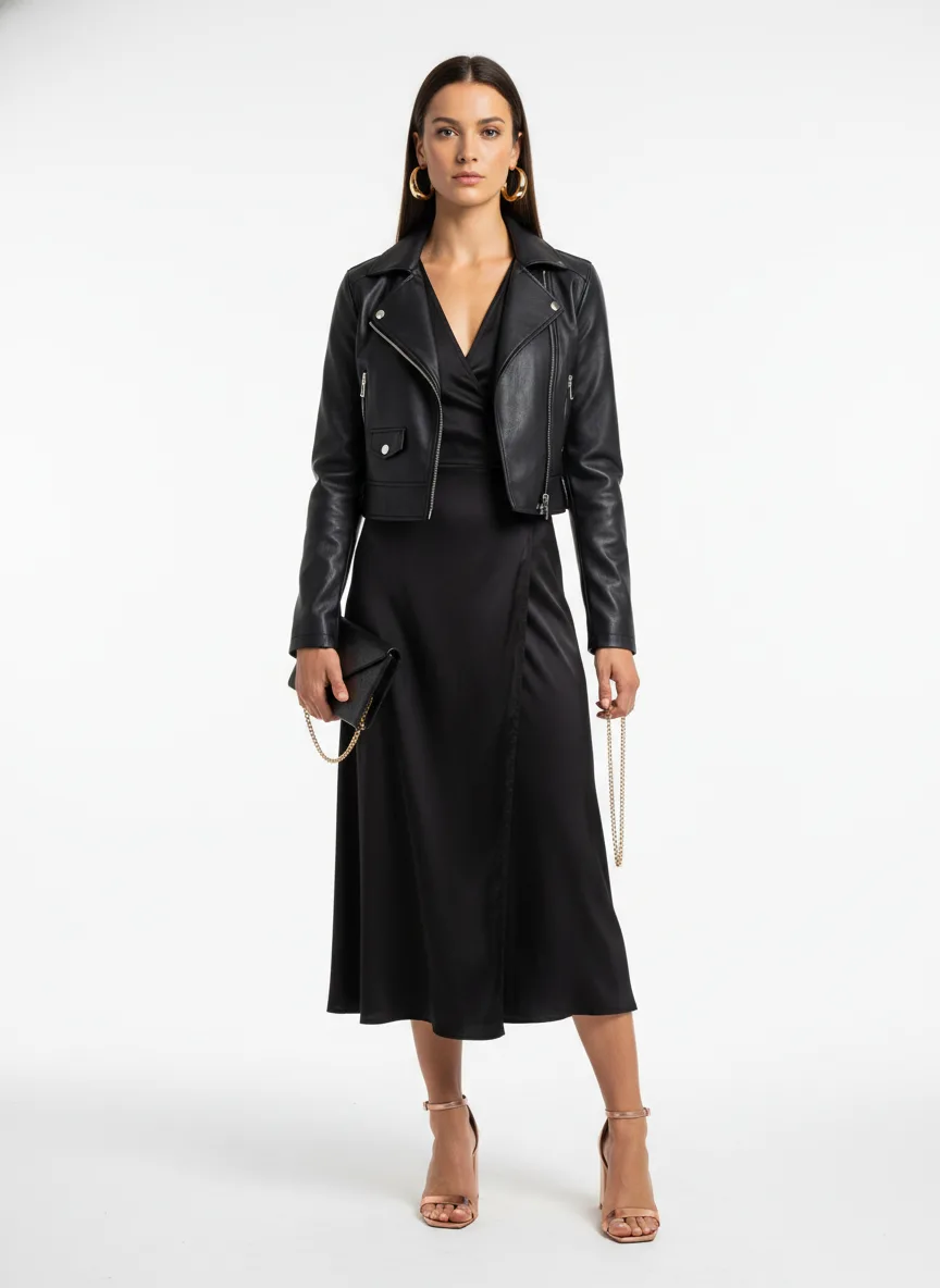 Date-night Outfit Idea: Woman black satin wrap dress
