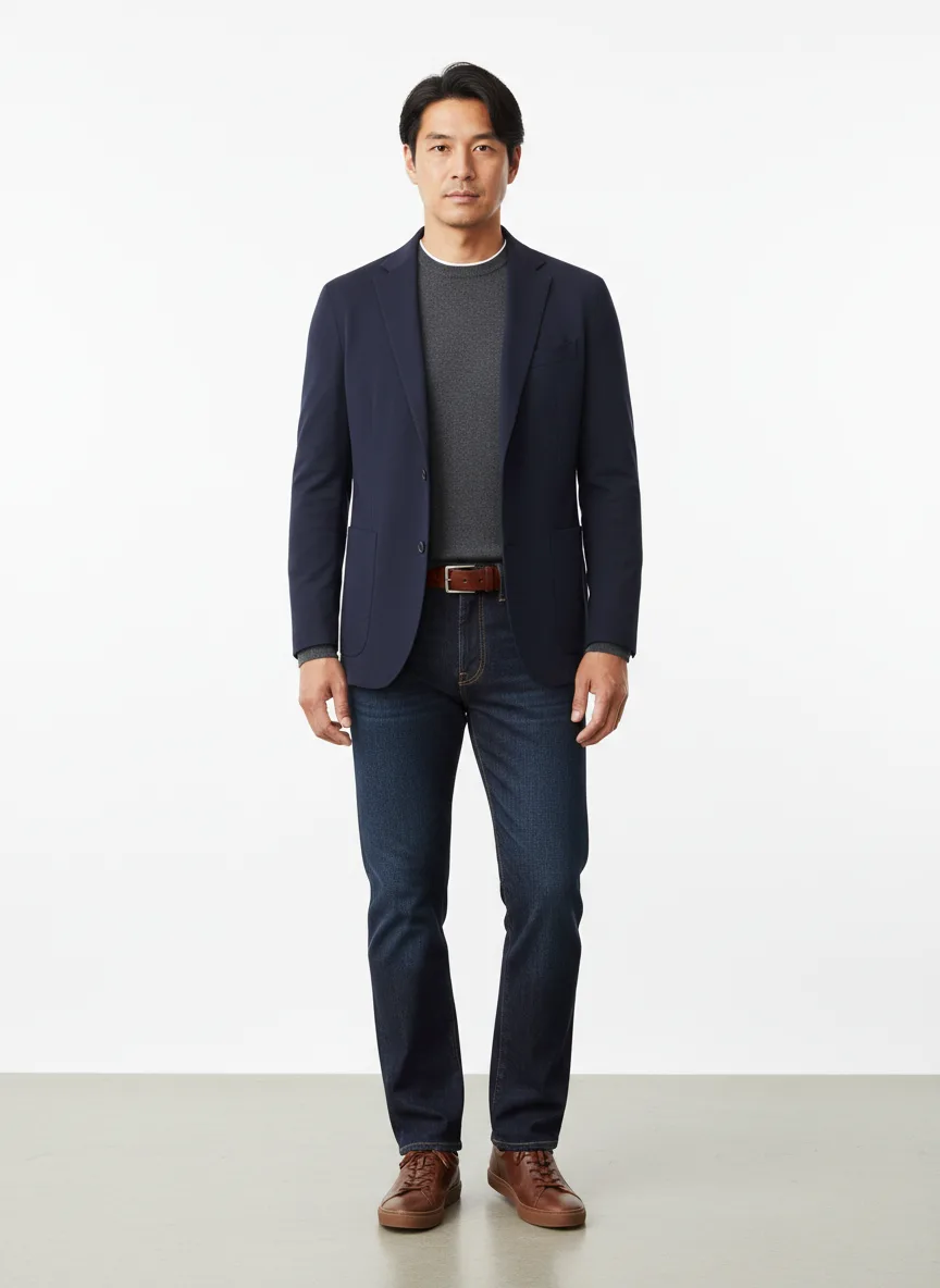 Casual Outfit Idea: Mans navy blue lightweight blazer