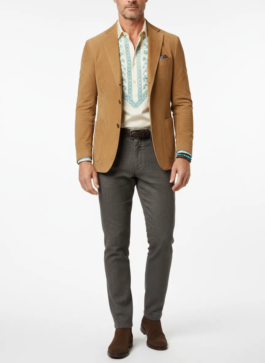 Nightclub Outfit Idea: Man’s lightweight suede blazer (tan)