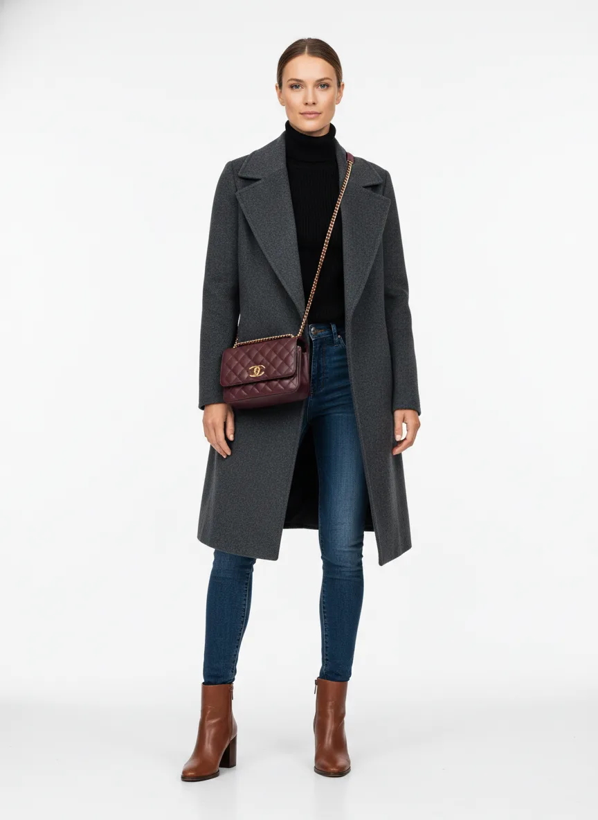 Date-night Outfit Idea: Woman charcoal wool wrap coat