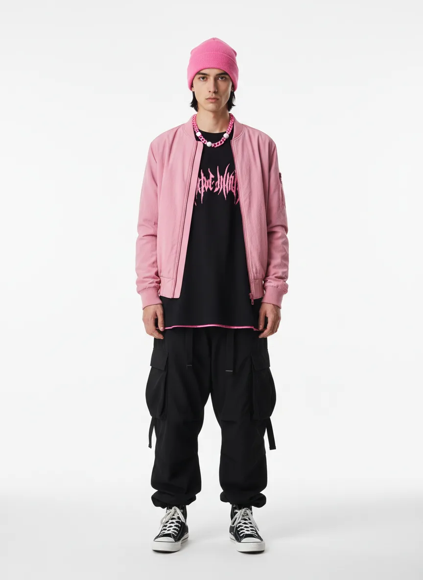 Outfit Idea for 21 year old Man, Thin body-type, Average height, Fair skin, Black hair, Create a pink and black and little bit of white male grunge outfit with baggy pants and a pink beanie, black shirt with pink on the shirt, pink jacket and pink chain.