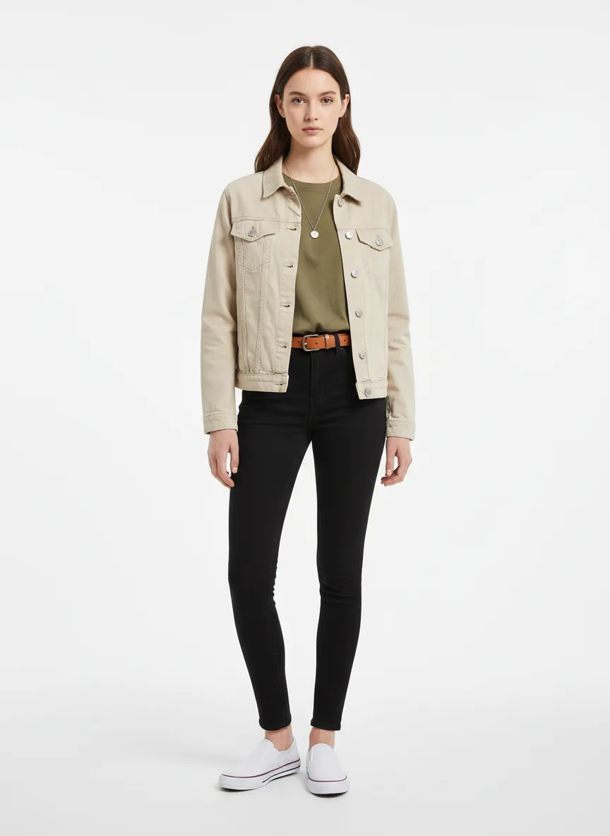 Casual Outfit Idea: Woman light-skin complimenting beige denim jacket