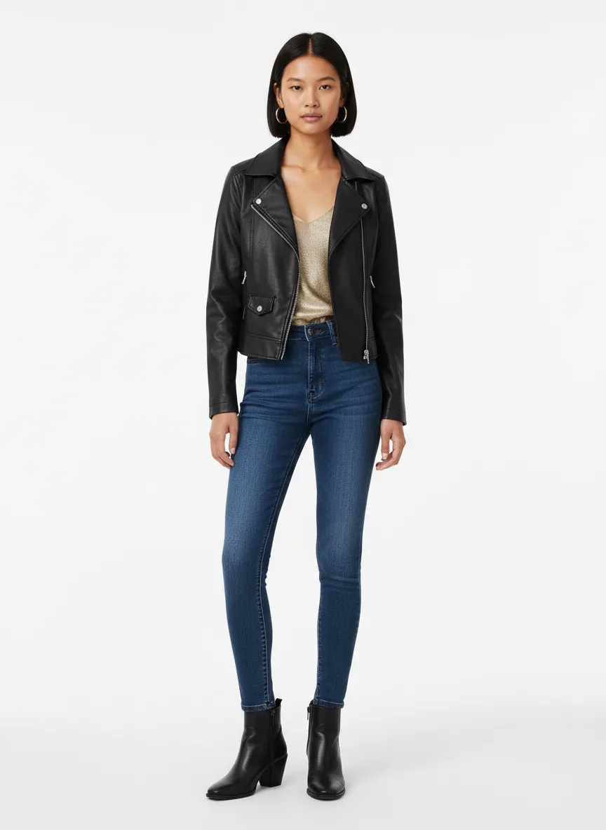 Casual Outfit Idea: Woman black faux leather moto jacket