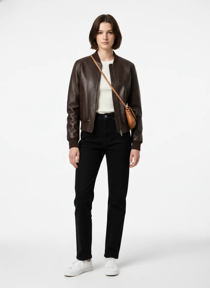 Cinema Outfit Idea: Woman's dark-brown bomber jacket