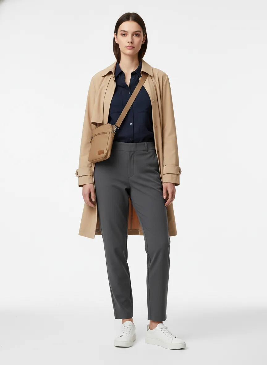 Travelling Outfit Idea: Girl fair-skinned brunette lightweight trench coat