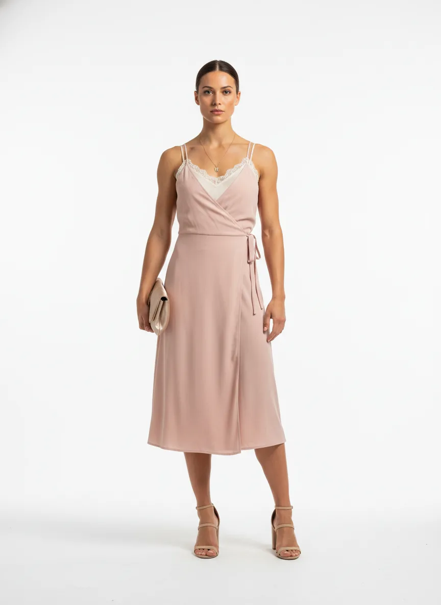 Date-night Outfit Idea: Woman's blush-pink wrap midi dress
