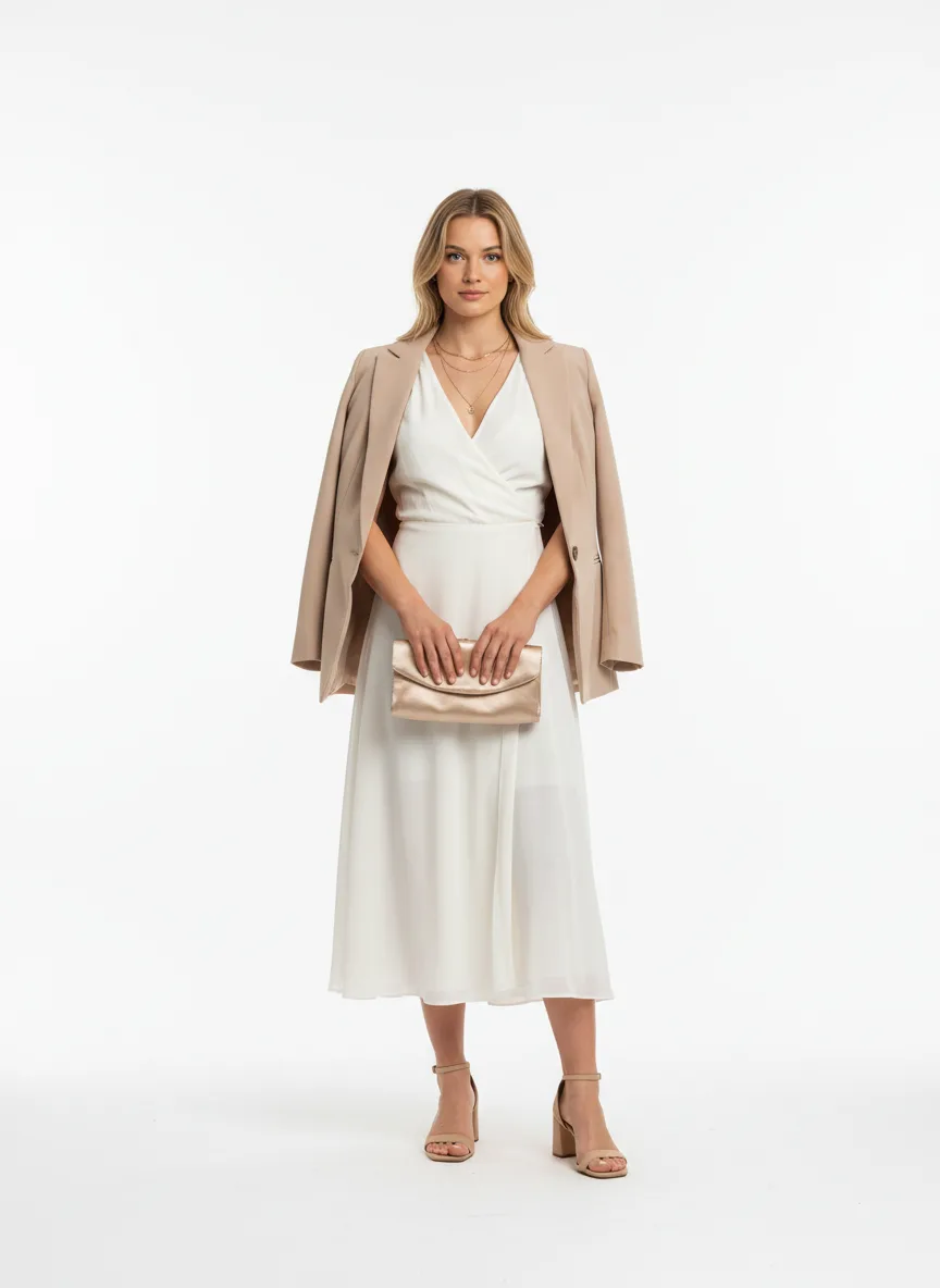 Wedding Outfit Idea: Woman ivory chiffon wrap dress