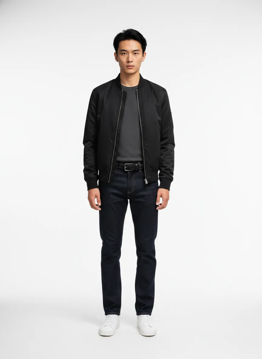 Cinema Outfit Idea: Man's black bomber jacket