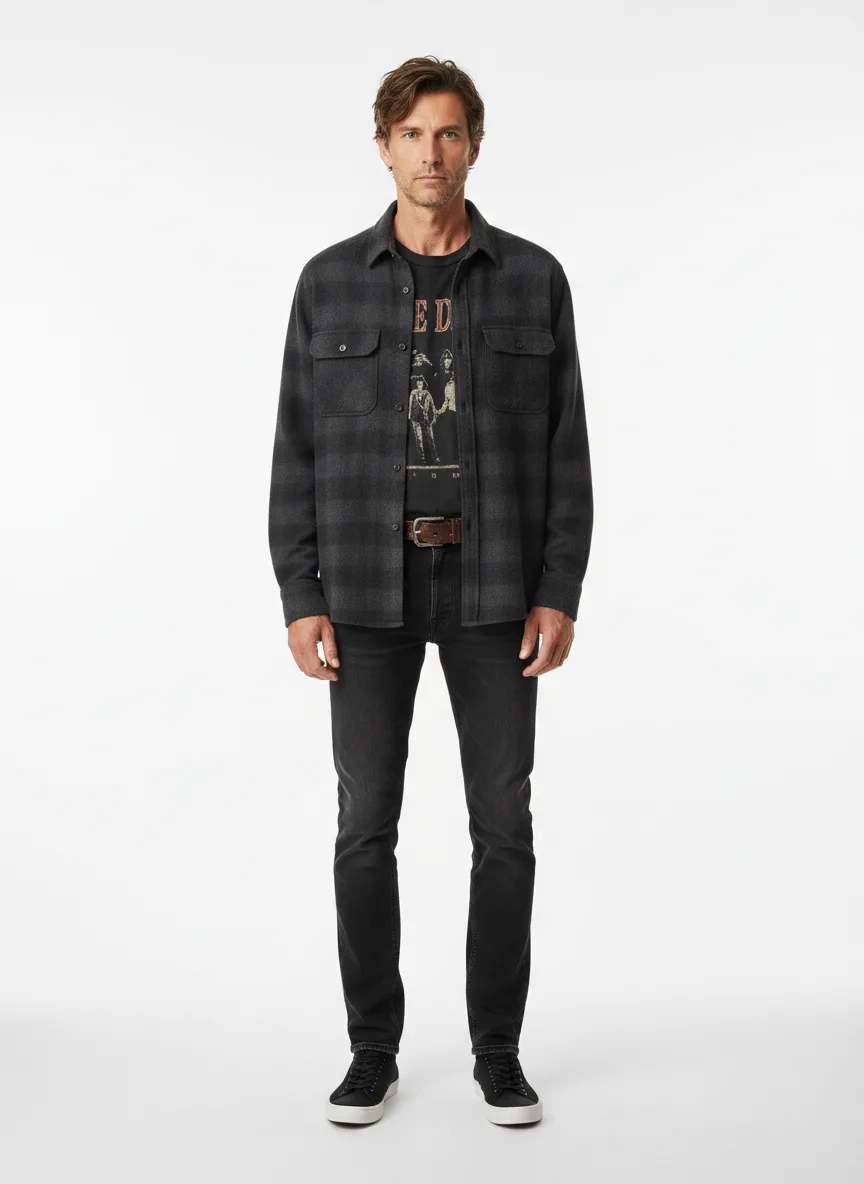 Vacation Outfit Idea: Man’s charcoal (compliments light skin, brunette) oversized flannel shirt