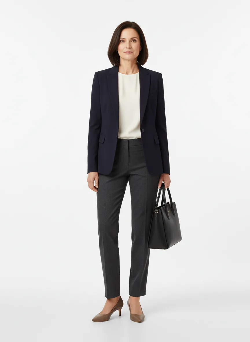 Meeting Outfit Idea: Woman tailored navy blue blazer