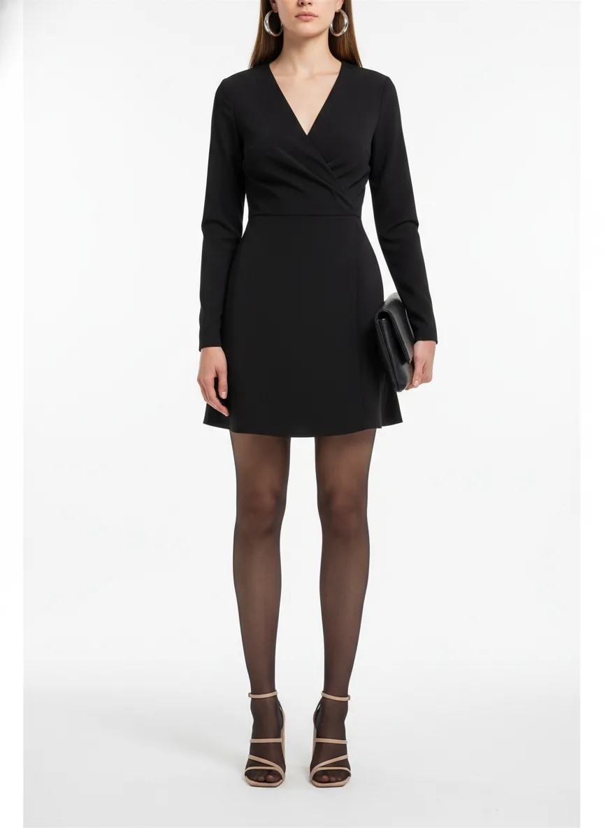 Nightclub Outfit Idea: Woman black wrap mini dress