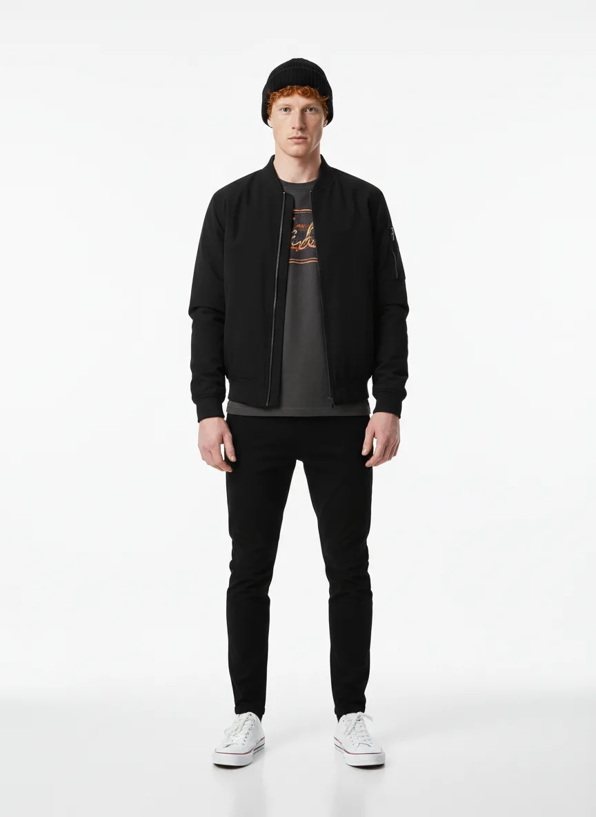 Casual Outfit Idea: Man redhead-friendly black bomber jacket