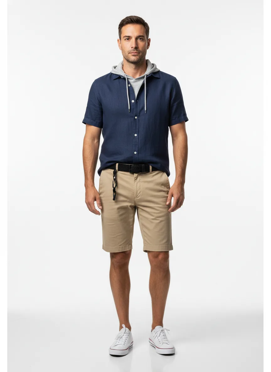 Vacation Outfit Idea: Man navy blue short-sleeve linen shirt