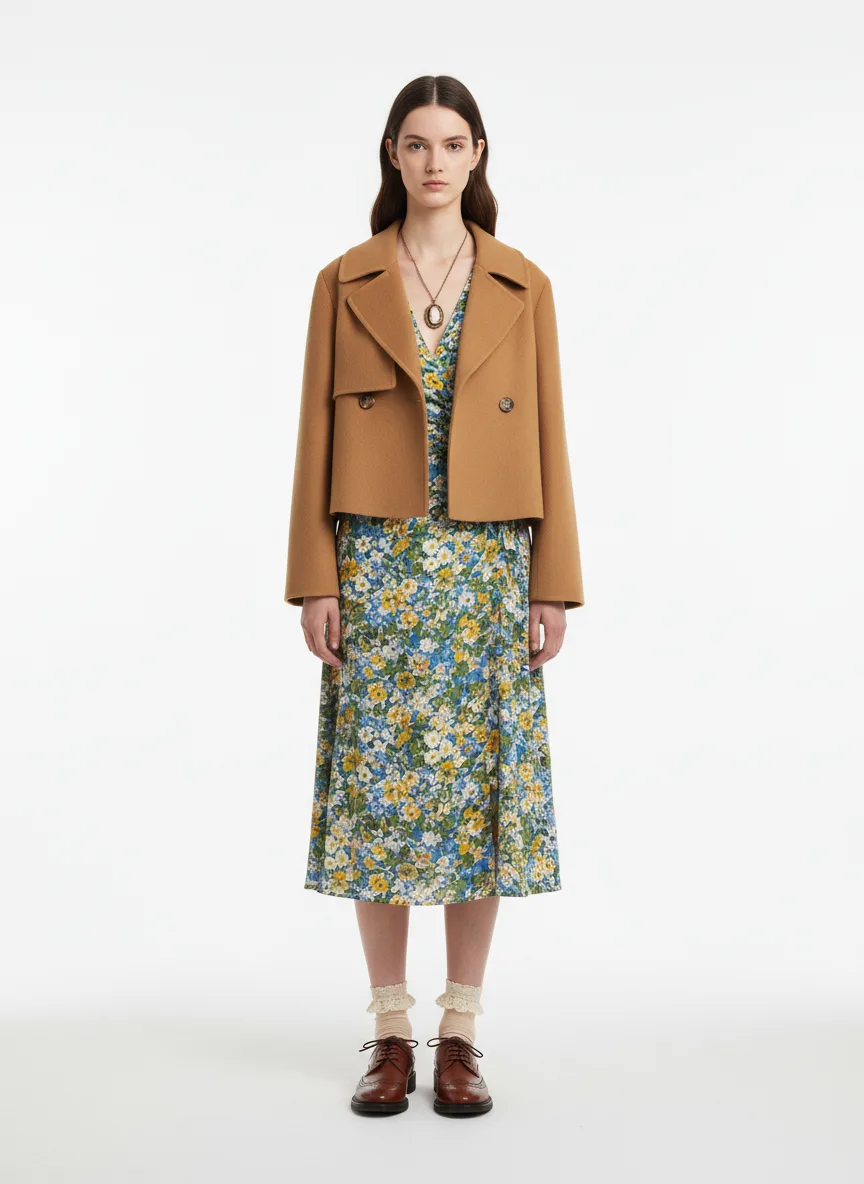 Casual Outfit Idea: Girl fair-skinned brunette floral midi wrap dress