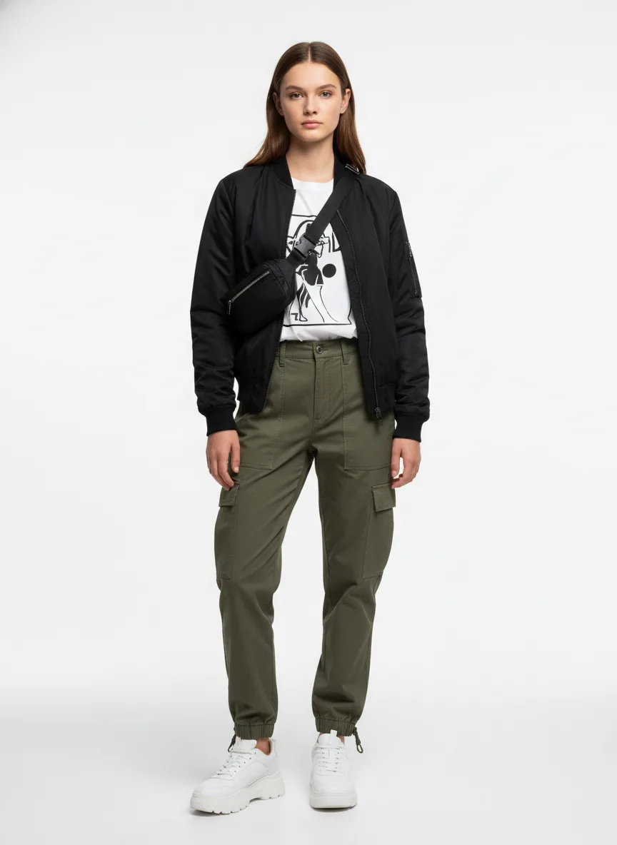 Casual Outfit Idea: Girl's black bomber jacket