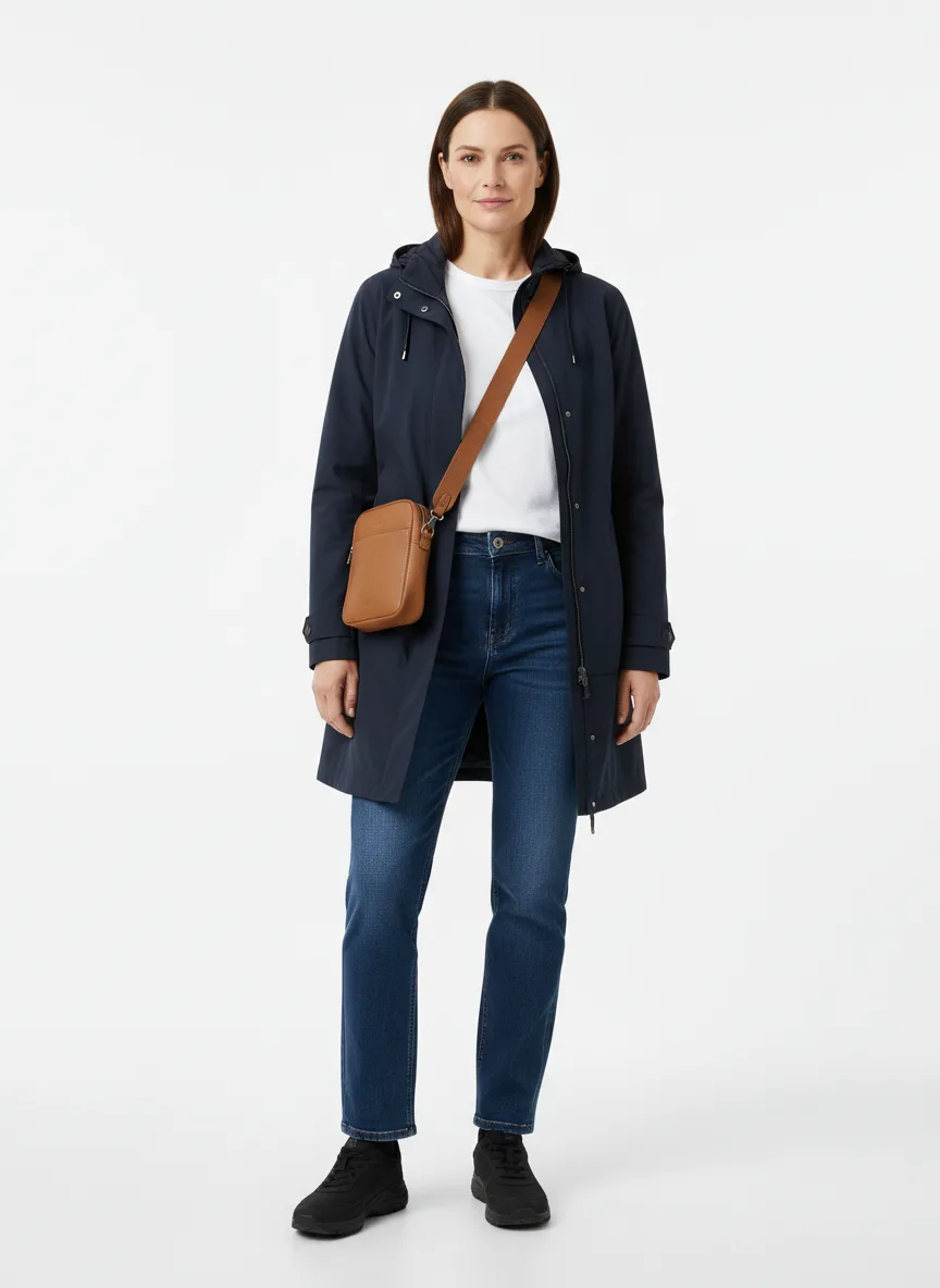 Travelling Outfit Idea: Woman lightweight navy blue travel coat