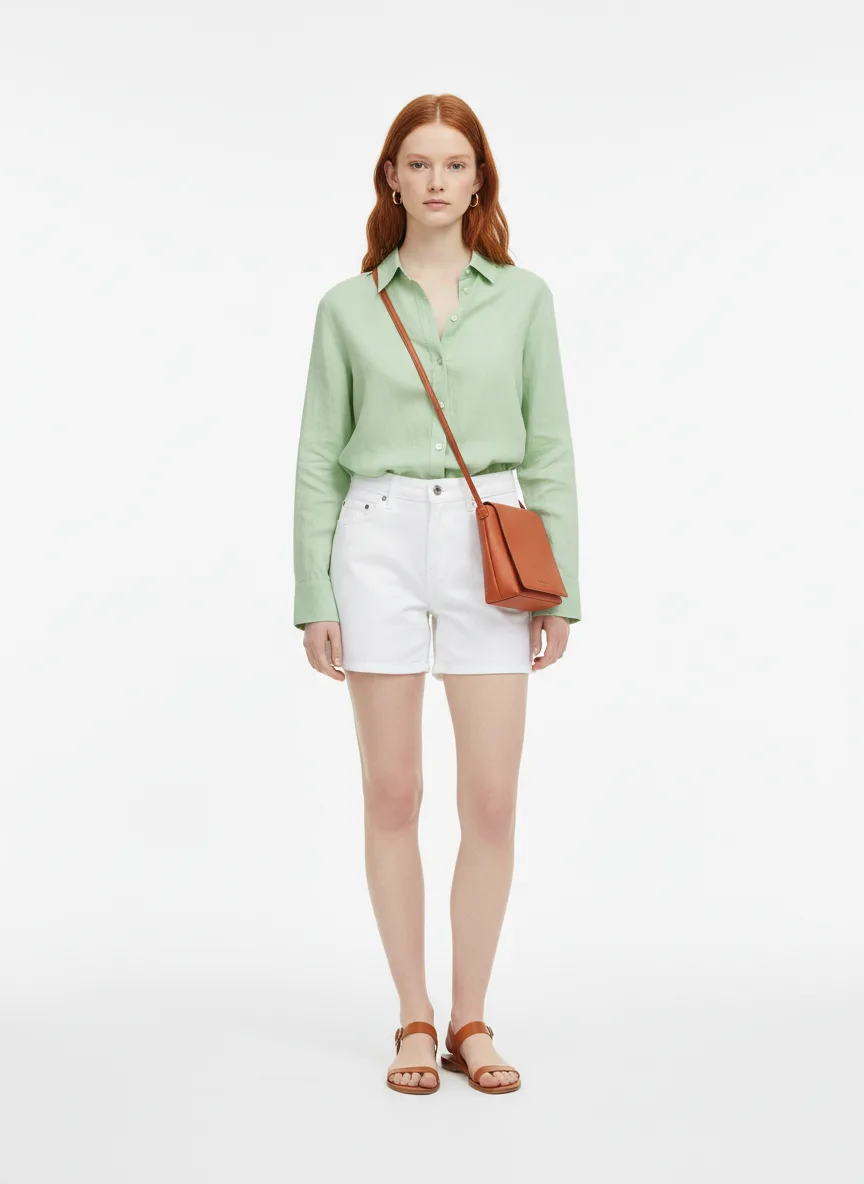 Casual Outfit Idea: Woman light-green linen button-up shirt