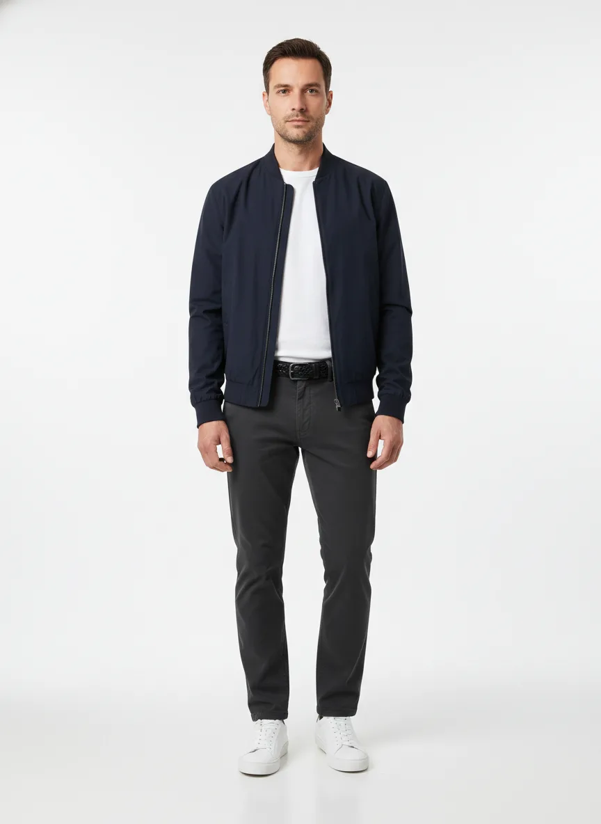 Casual Outfit Idea: Man navy blue lightweight cotton bomber jacket