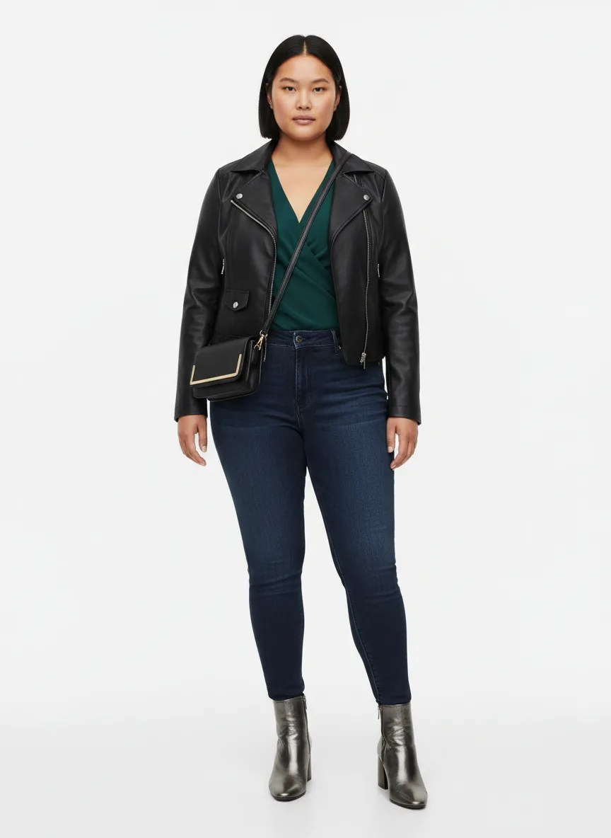 Nightclub Outfit Idea: Woman's black wrap dress (plus complementary jewel-tone accents)