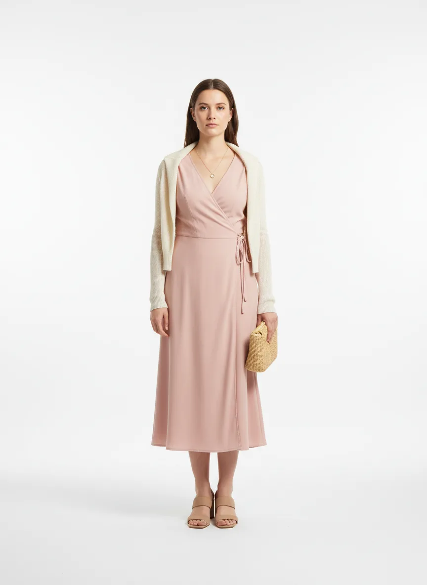 Date-night Outfit Idea: Woman's blush wrap dress