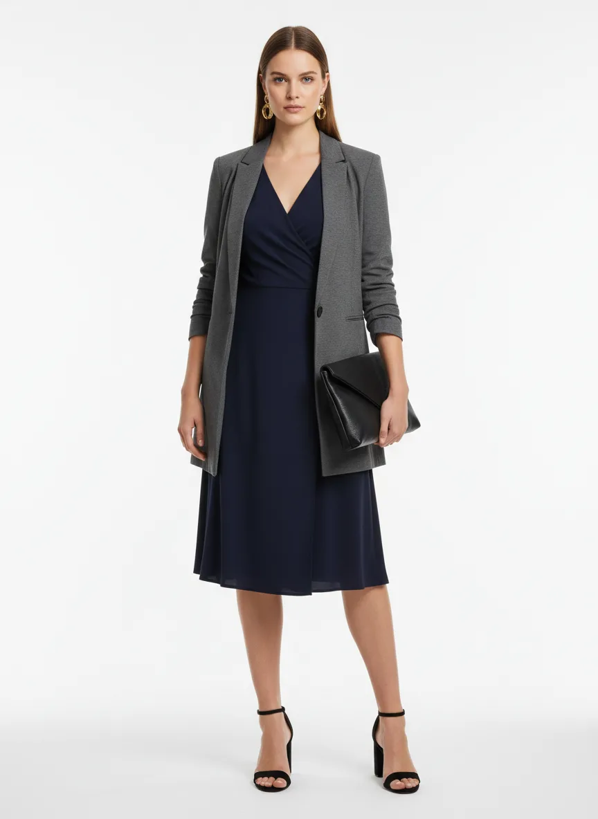 Birthday-party Outfit Idea: Woman's tailored wrap dress (navy blue)
