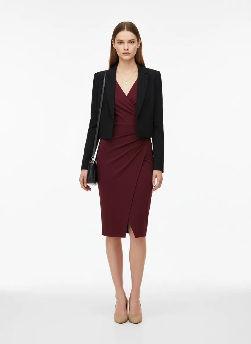 Date-night Outfit Idea: Woman's fitted wrap dress in deep burgundy