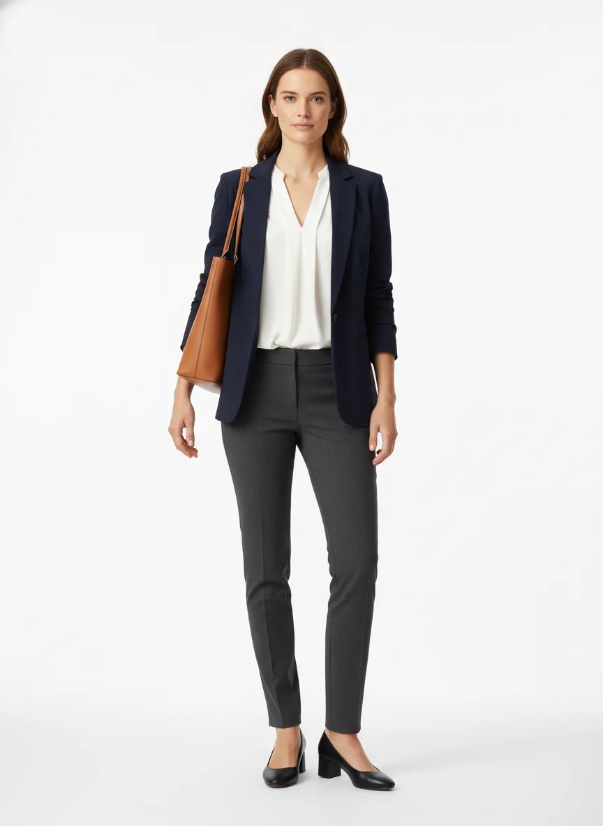 Meeting Outfit Idea: Woman tailored navy blue blazer