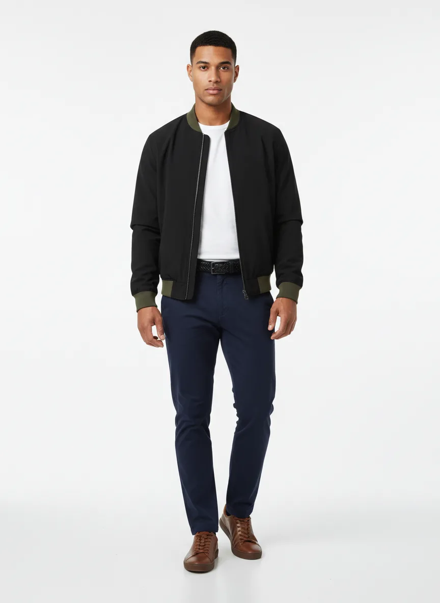 Casual Outfit Idea: Man’s black bomber jacket with olive accents