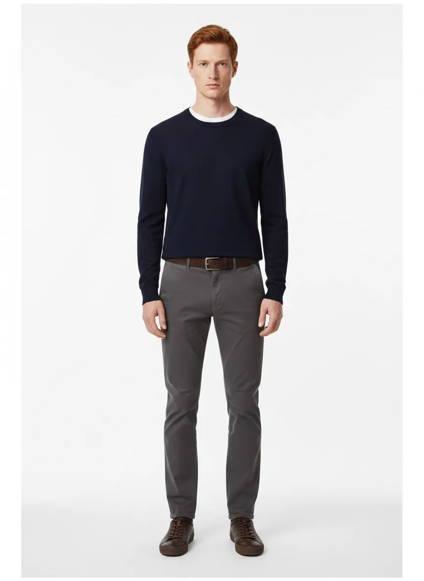 Casual Outfit Idea: Man’s navy blue crewneck sweater (compliments fair skin and red hair)