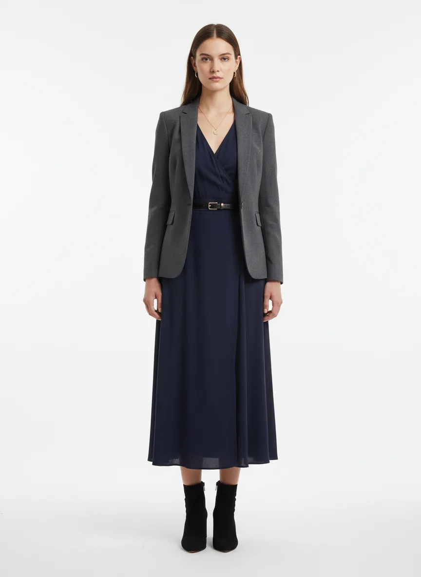 Date-night Outfit Idea: Woman's wrap midi dress — deep navy blue