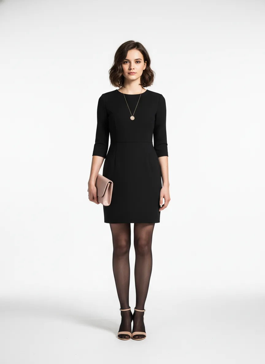 Cocktails Outfit Idea: Woman fair-skin brunette-friendly little black dress