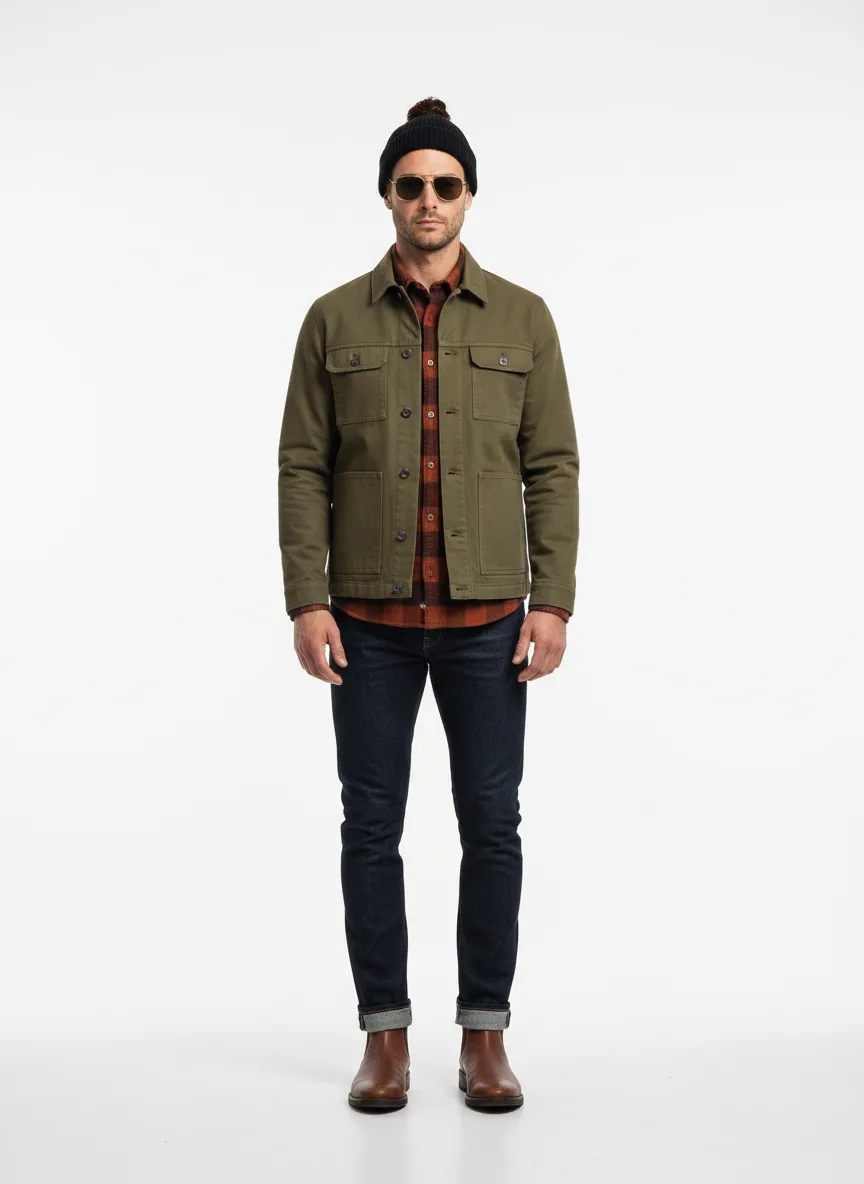 Casual Outfit Idea: Man’s fair-skin complimentary olive chore jacket