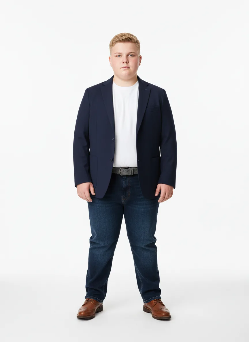 Casual Outfit Idea: Boy navy blue blazer (compliments fair skin, blonde hair)
