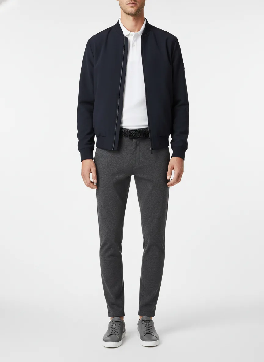 Date-night Outfit Idea: Man’s navy blue bomber jacket
