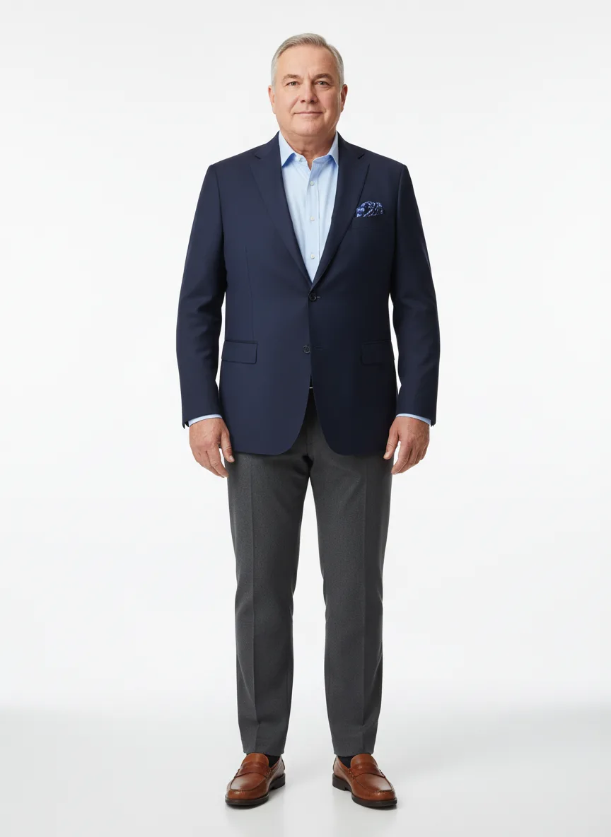 Date-night Outfit Idea: Man's navy blue single-breasted blazer