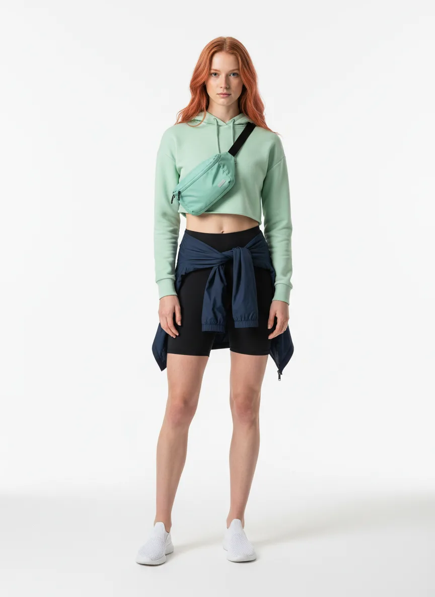 Vacation Outfit Idea: Woman coral-red hair-friendly pastel-green cropped hoodie