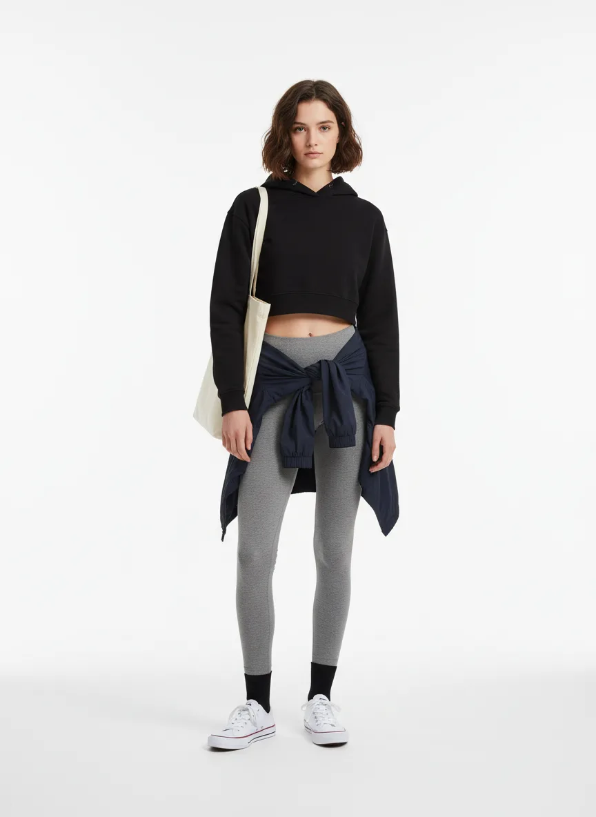 Casual Outfit Idea: Woman light-skin brunette-friendly black cropped hoodie