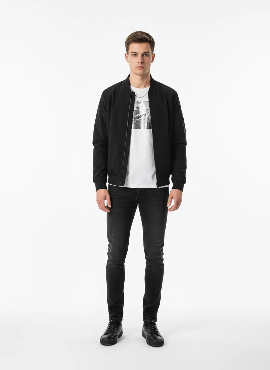 Casual Outfit Idea: Man black bomber jacket