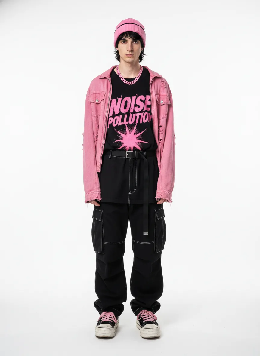 Outfit Idea for 21 year old Man, Thin body-type, Average height, Fair skin, Black hair, Create a pink and black and little bit of white male grunge outfit with baggy pants and a pink beanie, black shirt with pink on the shirt, pink jacket and pink chain.