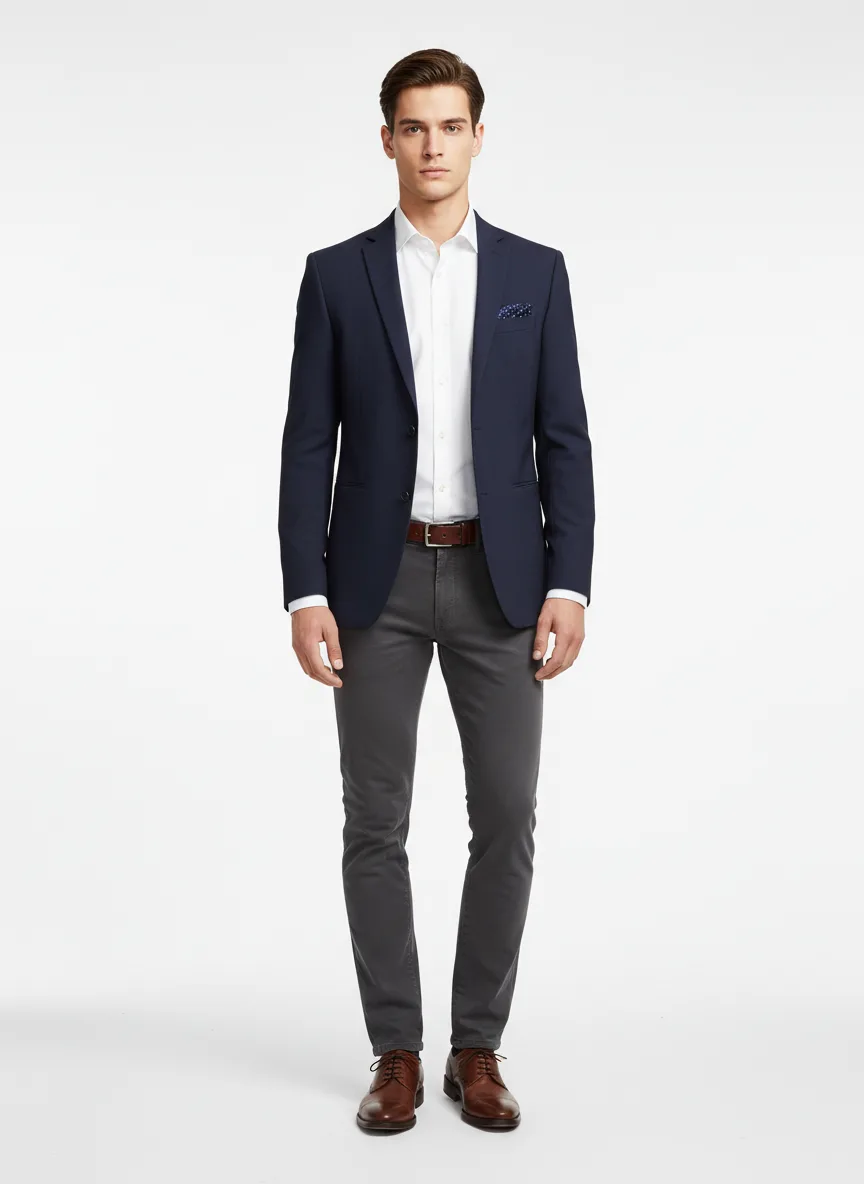 Birthday-party Outfit Idea: Mans slim-fit navy blue blazer