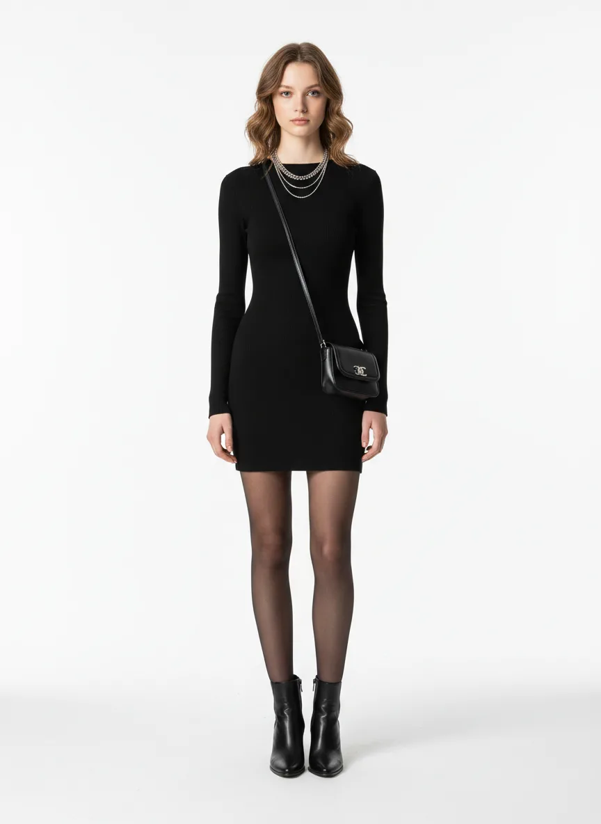 Nightclub Outfit Idea: Woman black fitted mini dress
