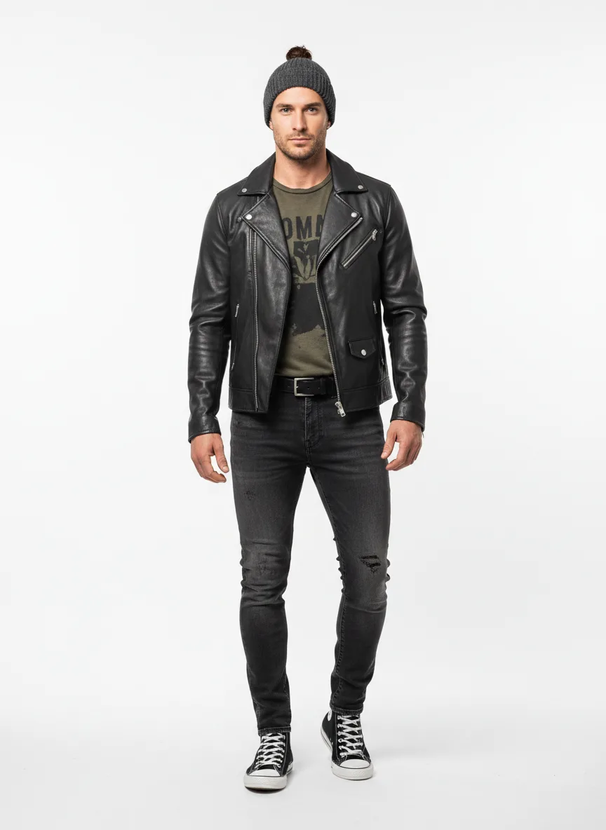 Travelling Outfit Idea: Man’s charcoal black leather jacket