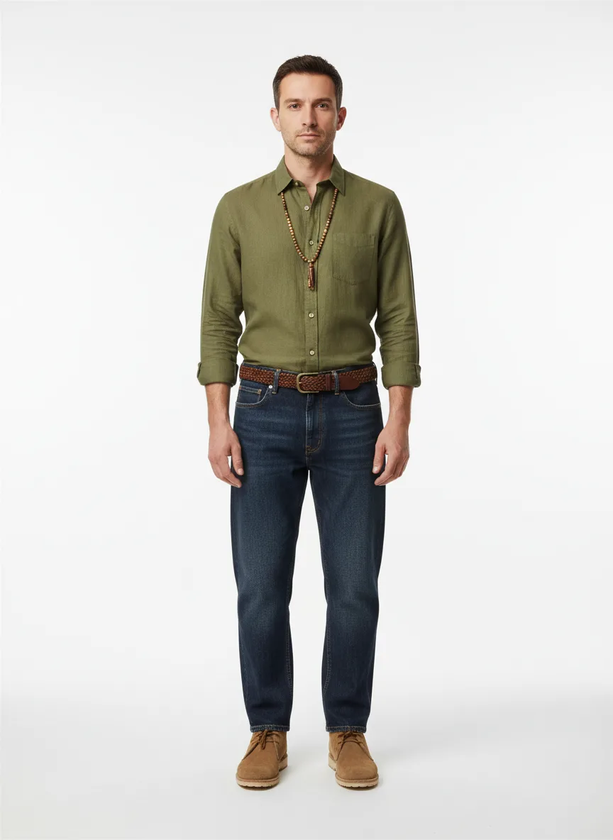 Casual Outfit Idea: Man's olive linen button-up shirt