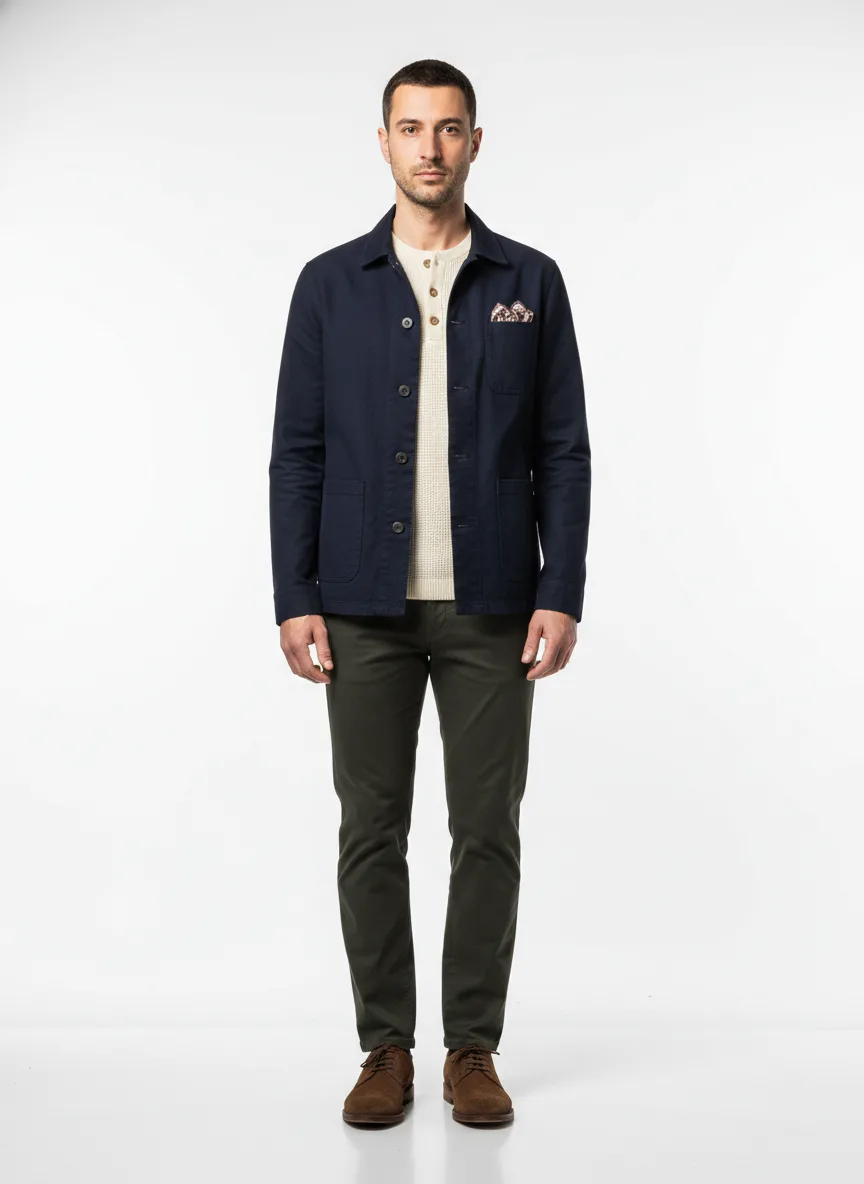 Casual Outfit Idea: Man’s navy blue cotton chore jacket