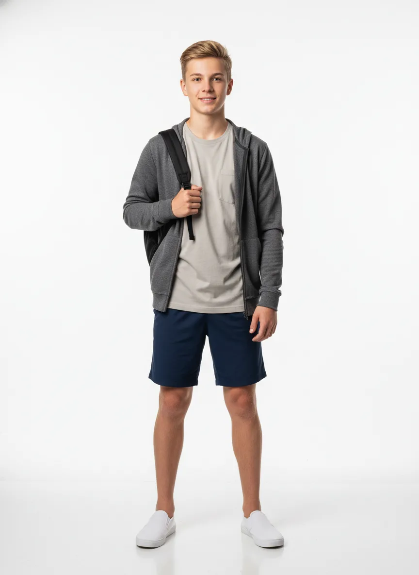 Travelling Outfit Idea: Boy light-blonde friendly tee (neutral grey)