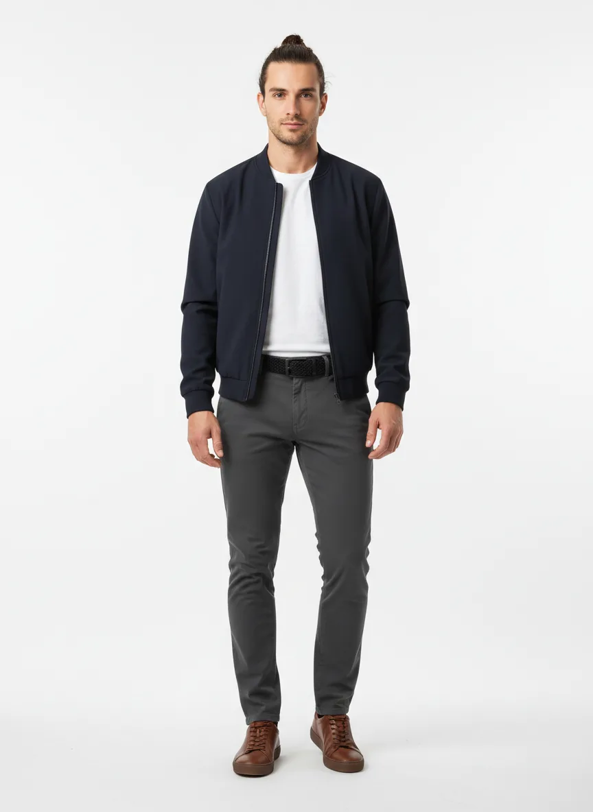Casual Outfit Idea: Man’s navy blue bomber jacket