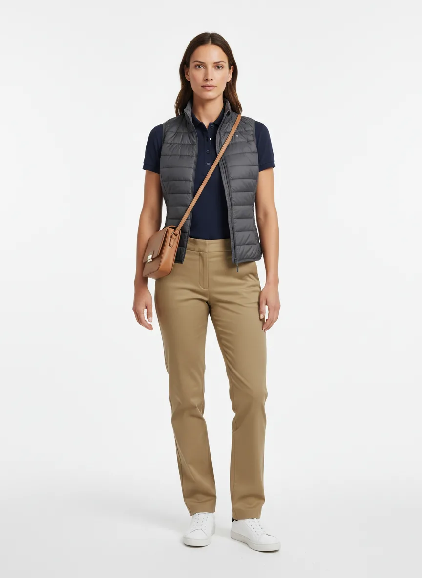 Casual Outfit Idea: Woman navy blue performance polo